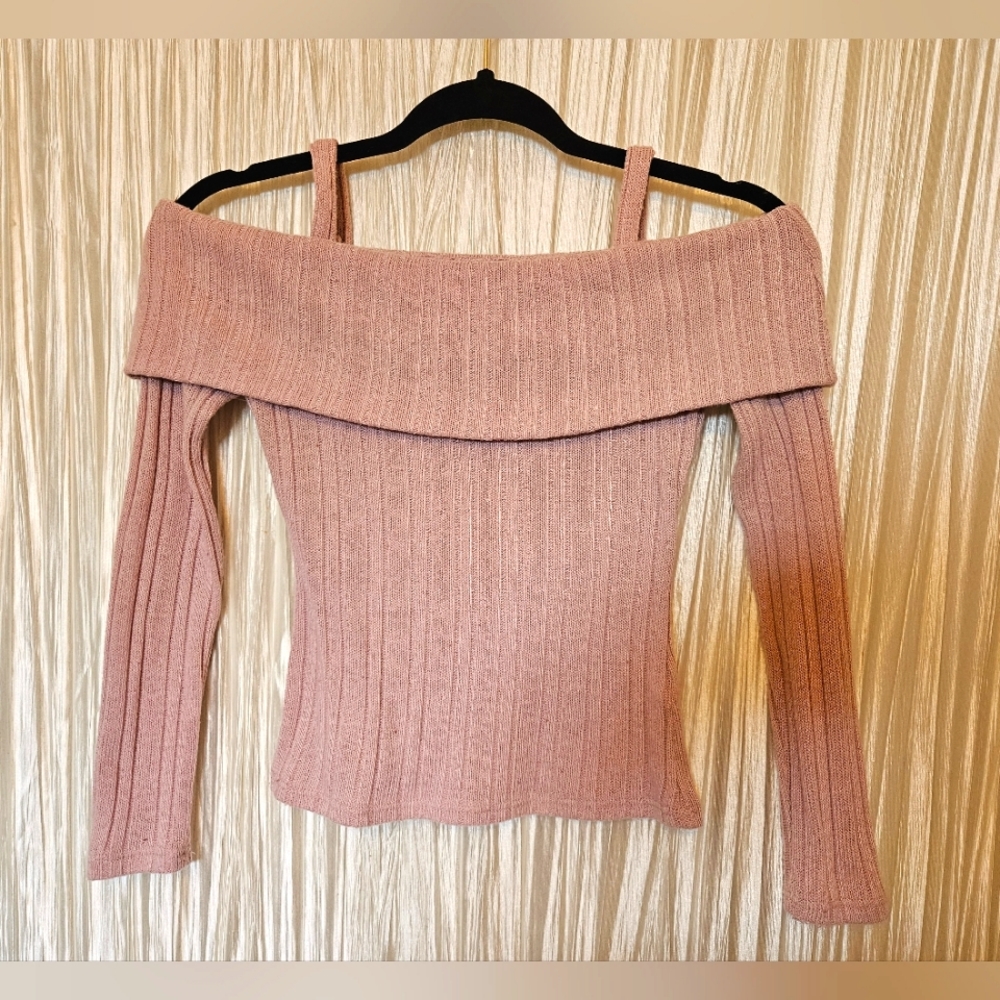 Pink Off Shoulder Long Sleeve Knit Blouse- Women's Size XS